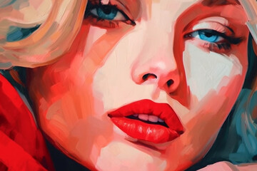 Fragment of a portrait of a young beautiful girl with red lips. Acrylic , oil painting on canvas