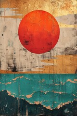 Generative AI, painted textured grunge Japanese landscape poster, impasto brush strokes style, 
turquoise and orange colors