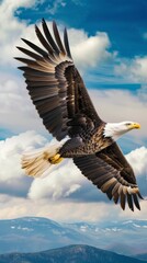 Soaring Bald Eagle against Fluffy White Clouds AI Generated.