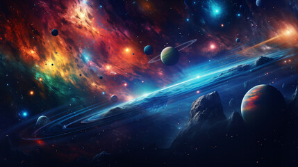 Universe scene with planets, stars, and galaxies.