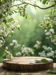 white sakura flowers background wooden table podium