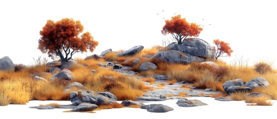 Stone Hill With Autumn Plants. Illustration On The Theme Of Nature And Ecology, Climate And Seaso. Generative AI