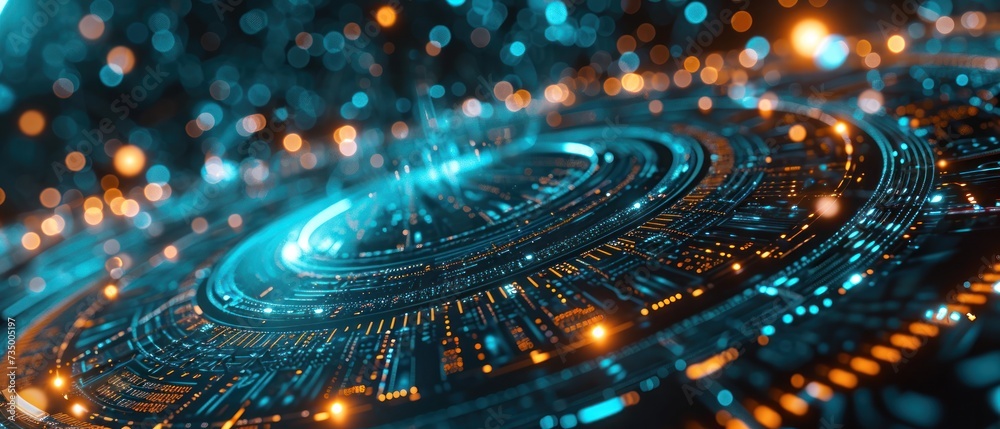 Poster abstract wallpaper featuring a futuristic wave of dots and geometric patterns, illustrating the interconnectedness of science and future network technologies