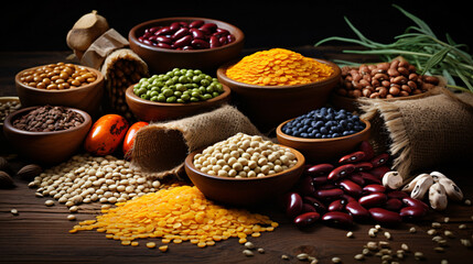 Various cereals, seeds, beans, and grains.