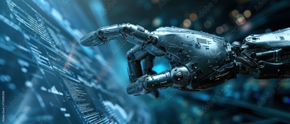 Poster a futuristic robotic arm, epitomizing the pinnacle of cyber innovation, operates within the realms o