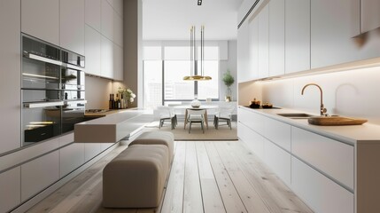 interior design is modern kitchen a room with white tones, and gray floors, and decorated with built-in furniture made from oak wood. equipped kitchen with a stylish sink, cabinet, stove, and oven