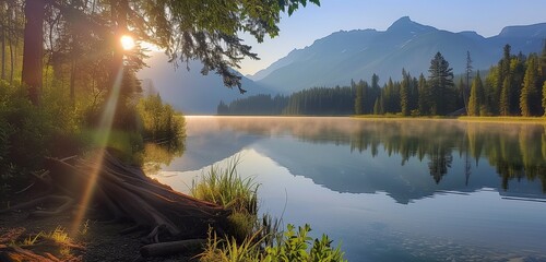 : Sunlight filters through a canopy of trees onto a tranquil lake, its glassy surface reflecting the majestic mountains that stand sentinel over the idyllic countryside.