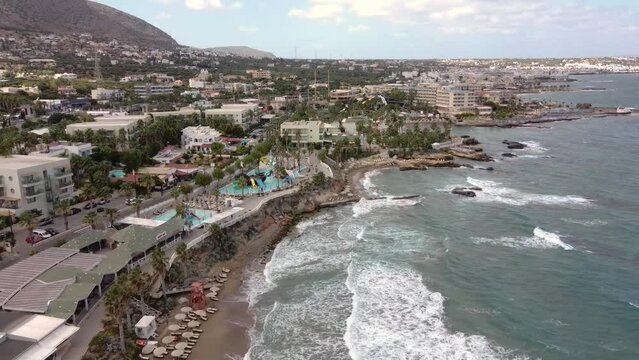 Aerial view of the coastline of the city of Hersonissos on the Greek island of Crete.