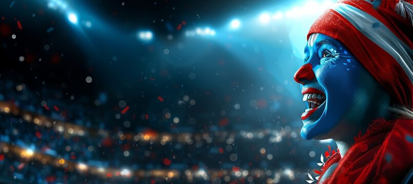 Excited dutch fan with face paint at sports event, blurry stadium background with copy space