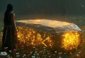 Obraz premium Woman Standing in Field Next to Glowing Object