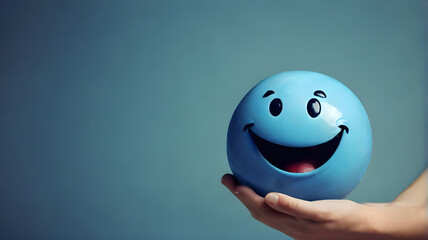 Hands holding blue happy smile face copy spce