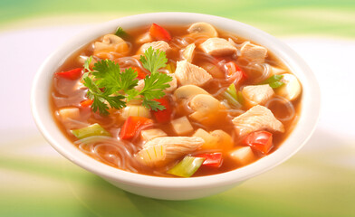Bihuhnsuppe, Asiasuppe, Hühnersuppe, Gemüsesuppe, Glasnudeln,