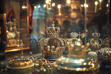 A royal treasure room filled with crowns, scepters, and jewelry from generations of kings and queens.