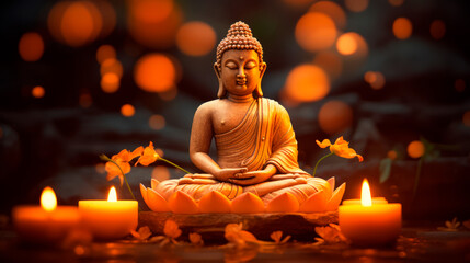Fototapeta premium An orange-robed Buddha statue in meditation, encircled by candlelight and orchids, exudes a profound serenity and the deep symbolism of peace in the stillness of twilight.