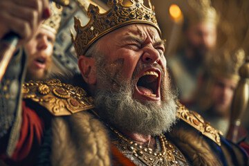 An angry king banging his fist and shouting orders to the guards in the throne room.