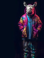 Creative animal concept. Rhinoceros Rhino full body in hip hop stylish fashion isolated on dark background, commercial, editorial advertisement, surreal, copy text space	

