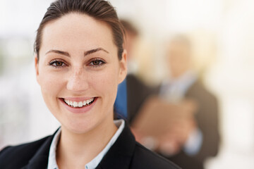 Happy, portrait and woman in office with professional accountant working in financial company with...