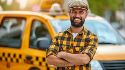 Smiling bearded taxi driver in hat with arms crossed by yellow cab on city street, looking confident