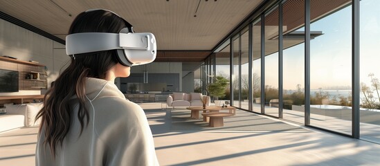Person wearing a VR headset and exploring virtual real estate properties and architectural designs, VR technology for immersive property tours and visualization in the real estate industry