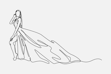 One line art of woman in a long dress. Editable stroke Isolated on white background. Vector illustration.
