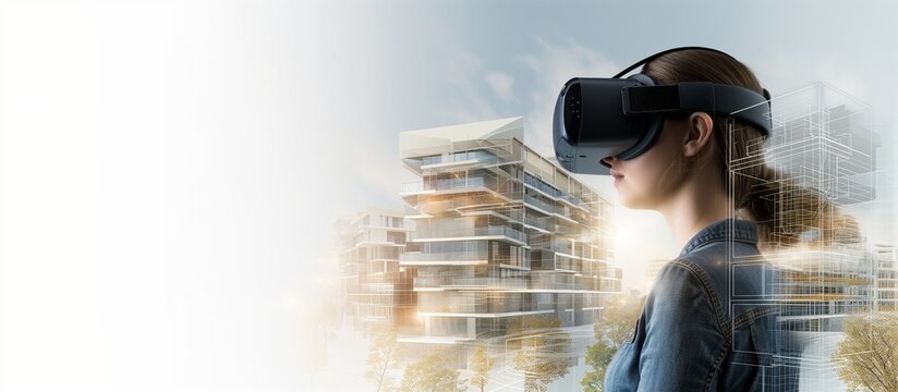 Person wearing a VR headset and exploring virtual real estate properties and architectural designs, VR technology for immersive property tours and visualization in the real estate industry