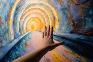 Naklejka premium hand reaching out towards a mural that appears like a tunnel