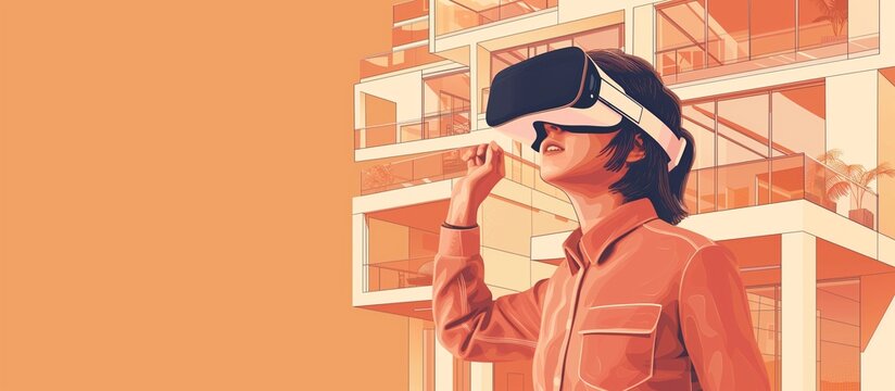 Person wearing a VR headset and exploring virtual real estate properties and architectural designs, VR technology for immersive property tours and visualization in the real estate industry