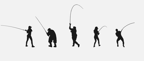 set of silhouettes of fishing. isolated on white background. vector illustration. - obrazy, fototapety, plakaty