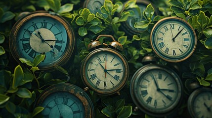 Vintage clocks with botanical illustrations,  symbolizing time and growth