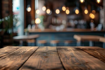 Empty wooden table with restaurant blur background. Generative AI - obrazy, fototapety, plakaty