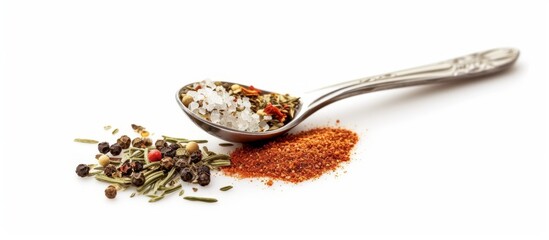 A colorful assortment of aromatic spices piled on a rustic spoon for cooking and seasoning