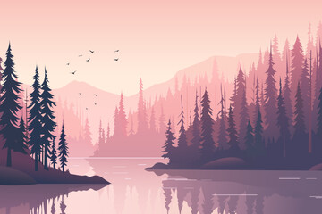 Mountain forest near a lake in the pink rays of sunset. Beautiful forest landscape in pink fog, reflection in the lake, silhouettes of pine trees of high mountains.