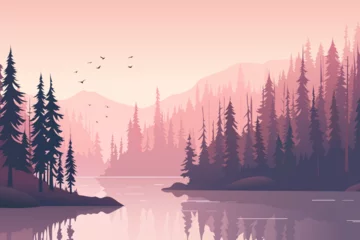 Photo sur Plexiglas Forêt dans le brouillard Mountain forest near a lake in the pink rays of sunset. Beautiful forest landscape in pink fog, reflection in the lake, silhouettes of pine trees of high mountains.
