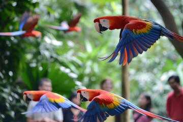 parrots flying in a zoo aviary as visitors look on - obrazy, fototapety, plakaty