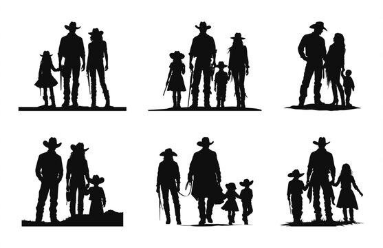 Cowboy Family black Silhouettes Vector Set, American Cowboy and Cowgirl Silhouette bundle