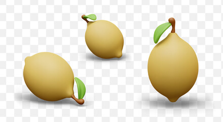 Yellow lemon with leaf. 3D illustration in plasticine style. Whole ripe citrus