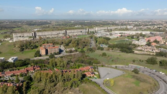 Aerial view of Nuovo Corviale known as "il Serpentone" (the Great Snake) due to its length. It is a residential complex in Rome, Italy, located in the south-western outskirts of the capital.