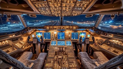 Pilot in cockpit of civil airplane  flight deck interior with control panel, dashboard, and seats