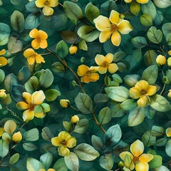 Lush Botanical Illustration Featuring Vibrant Yellow Flowers and Green Foliage