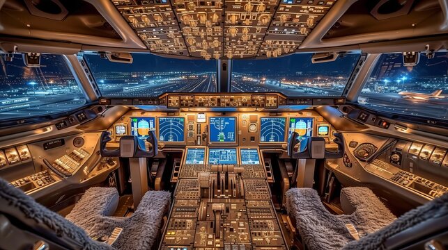 Pilot in cockpit of civil airplane  flight deck interior with control panel, dashboard, and seats