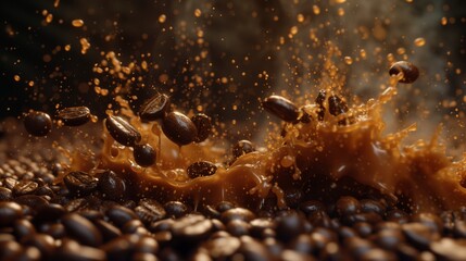 Caffeine Rush coffee beans cascading down like a waterfall into a cup of coffee, with splashes of liquid caffeine erupting upwards, burst of energy provided by a caffeine boost.
