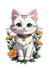 Cute Adorable cat with flowers and grass illustration clip art