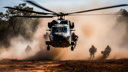 Soldiers and a helicopter in clouds of dust. A whirlwind of action as special forces touch down, dust and sand scattering.