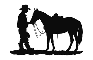 A Little Cowboy with horse black silhouette vector
