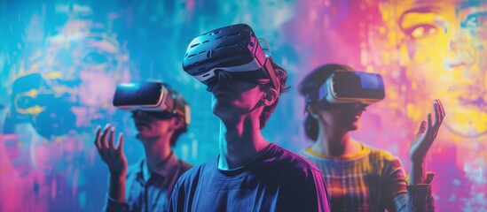 Virtual Art Gallery: A visual representation of a virtual art gallery or museum, with visitors wearing VR headsets and exploring digital artworks and exhibitions