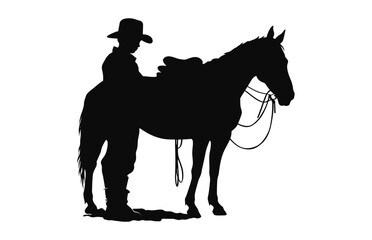 A Little Cowboy with horse black silhouette vector
