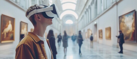 Virtual Art Gallery: A visual representation of a virtual art gallery or museum, with visitors wearing VR headsets and exploring digital artworks and exhibitions - obrazy, fototapety, plakaty