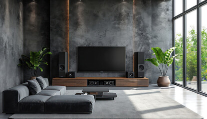 Modern interior: Elegant living room with contemporary furniture, white walls, and a sleek television.