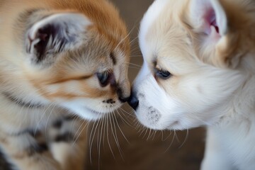 closeup of kitten and puppy noses touching each other