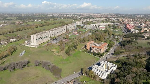 Aerial view of Nuovo Corviale known as "il Serpentone" (the Great Snake) due to its length. It is a residential complex in Rome, Italy, located in the south-western outskirts of the capital.